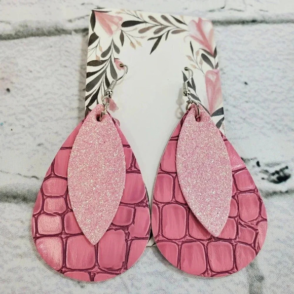 2 Layer Pink Sparkle Faux Leather Dangle Chic Lightweight Earrings  2pk10 - Picture 1 of 3